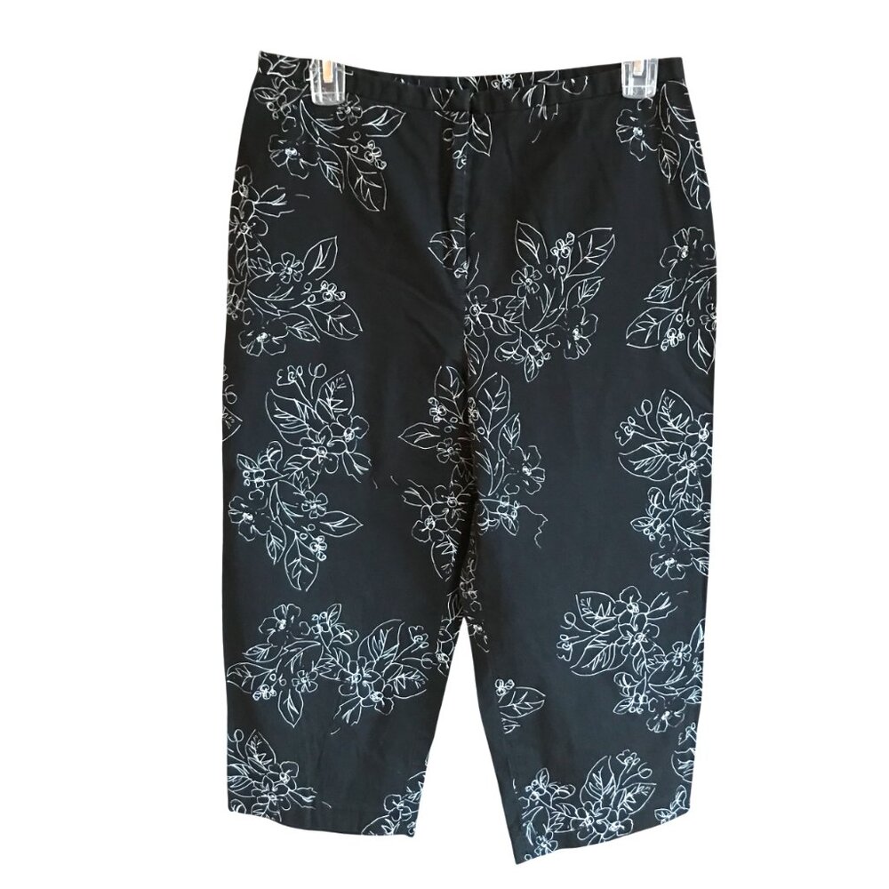 Lightweight Capris Pants Casual Corner Annex, Black White Floral Print Cotton 10